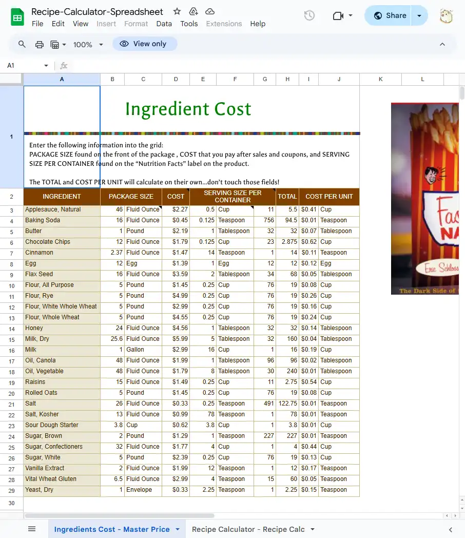 Recipe Calculator Spreadsheet